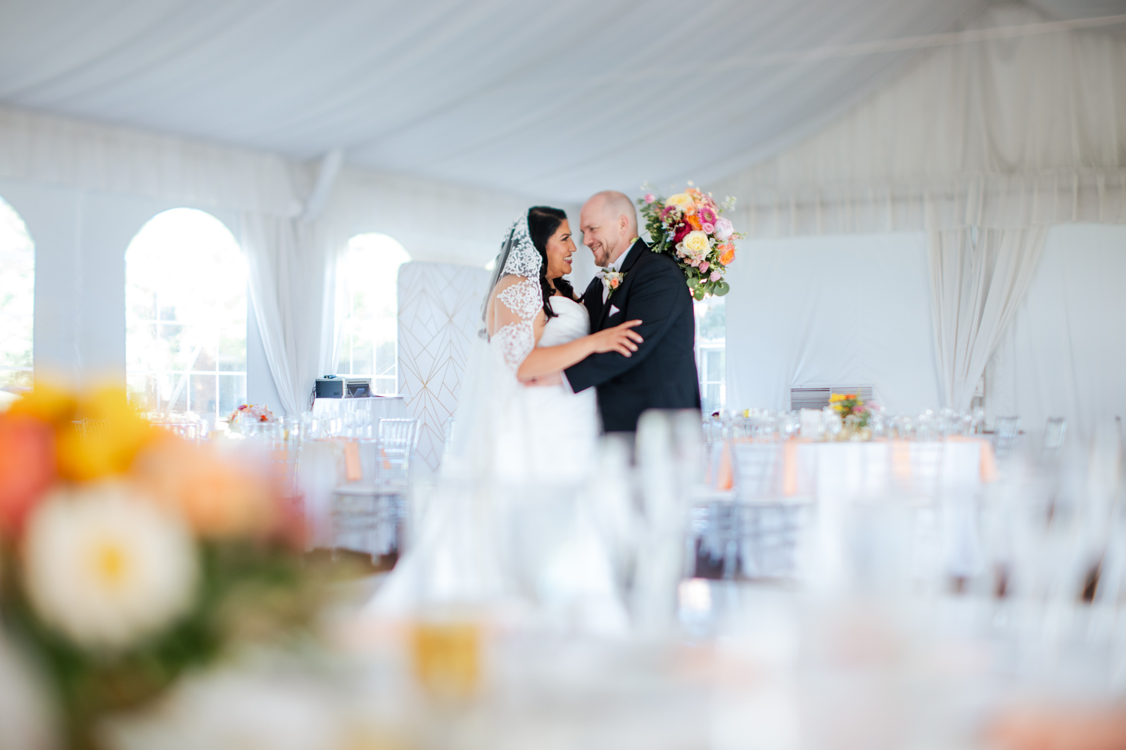 bride and groom portraits inside Lincolnshire Marriott Resort wedding