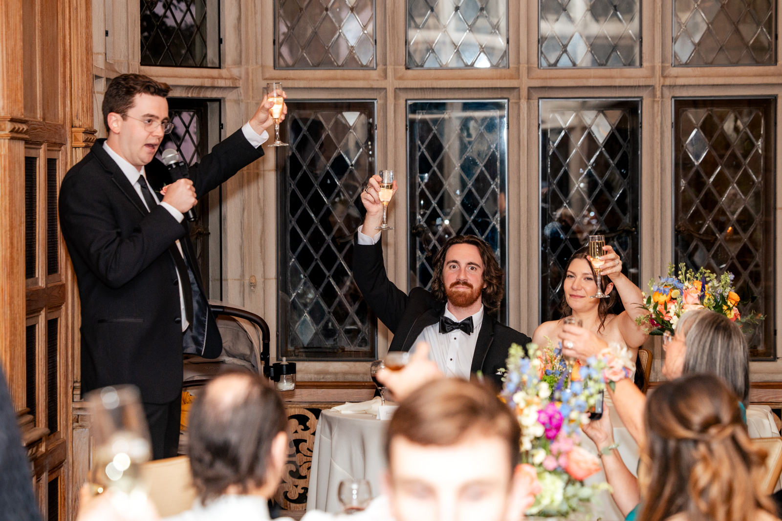wedding toast in library reception Morton Arboretum Lisle Illinois