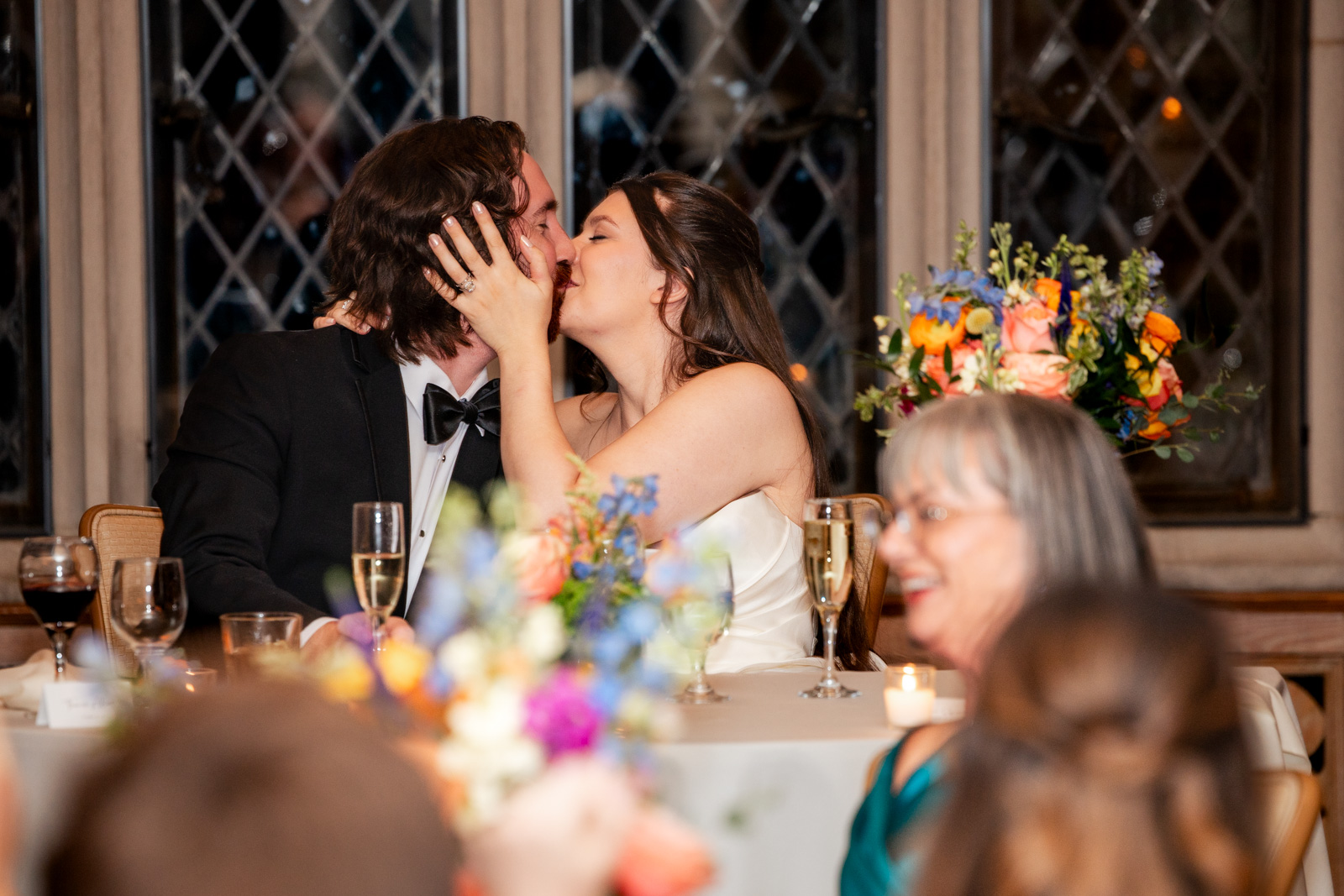 Newlywed kiss library reception Morton Arboretum Lisle Illinois